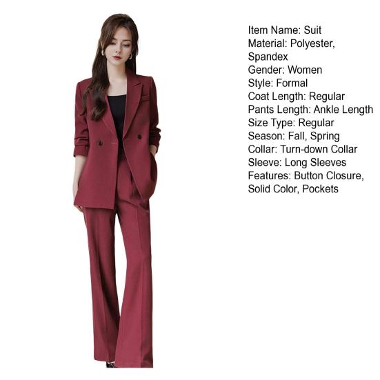3 Pcs/Set Lady Formal Suit Coat Pants Set Turn-down Collar Button Decor Long Sleeves Jacket Loose Pure Color Trousers Casual Commuting Business Outfit
