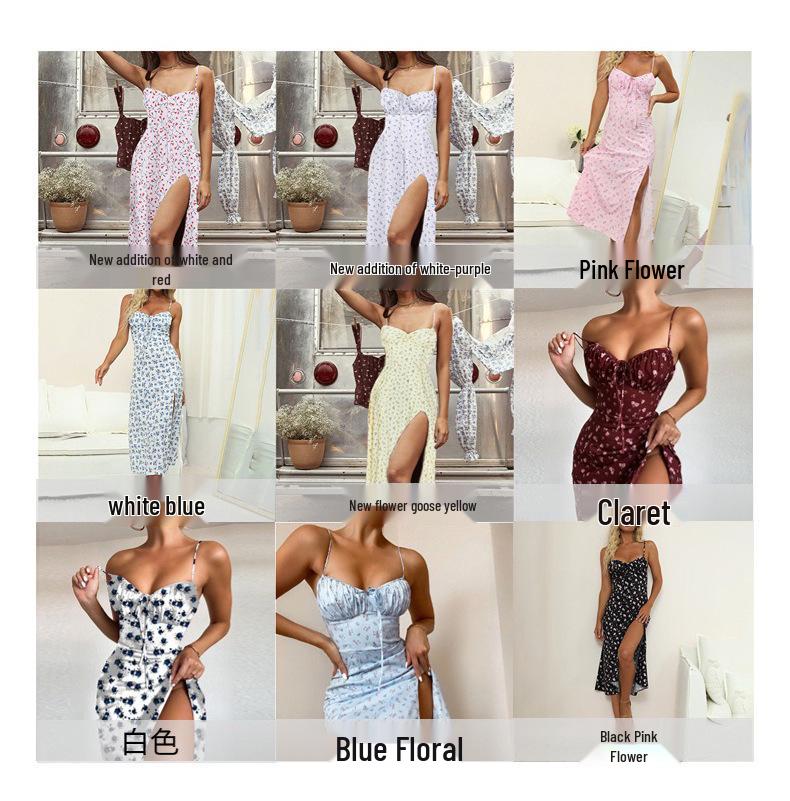 European & American Sexy Print Lace-Up Slit Sling Dress for Women