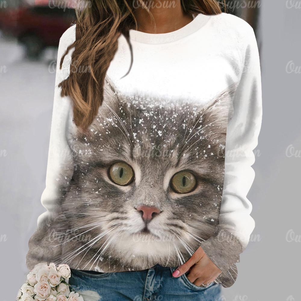 Women's Cat Big Head Cute Print Long Sleeve T-shirt Casual Loose Pullover Female Streetwear Cute Tops Fashion Trend