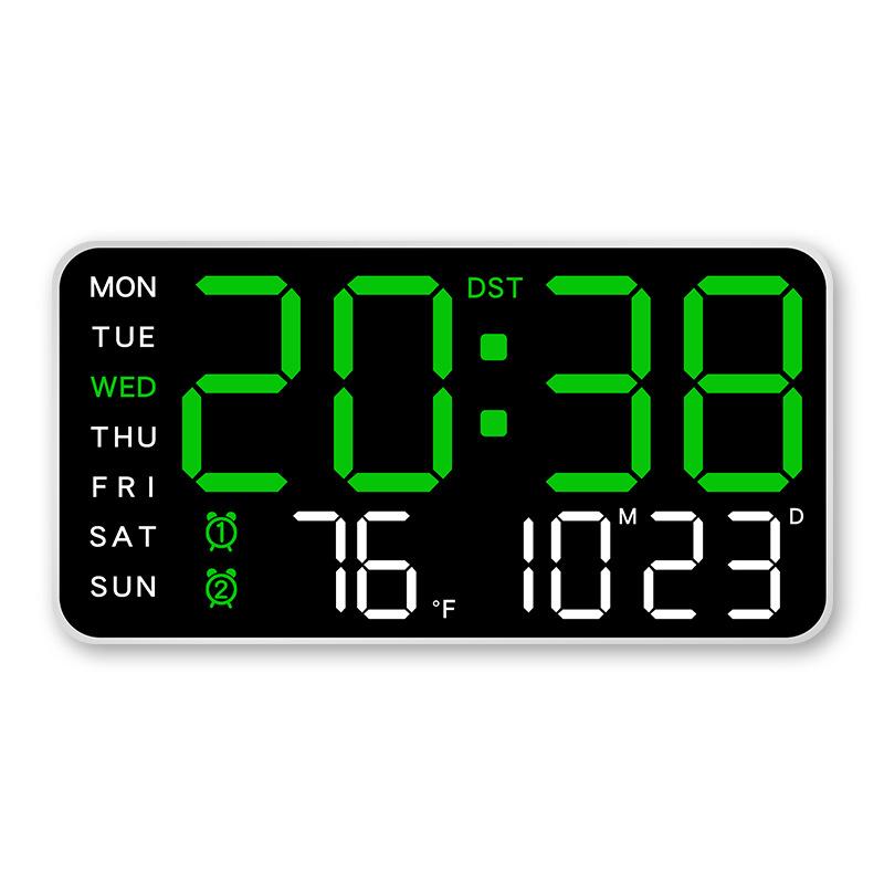 USB Powered LED Digital Wall Clock Voice Control Temperature Date Week Snooze Dual Alarm Clock DST Brightness Adjustment 12/24H