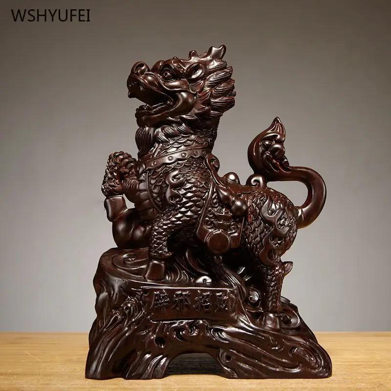2PCS Solid Wood Carving Simulated Kirin Decoration Office Crafts Housewarming Sculpture Attract Wealth FENG SHUI Home Decor