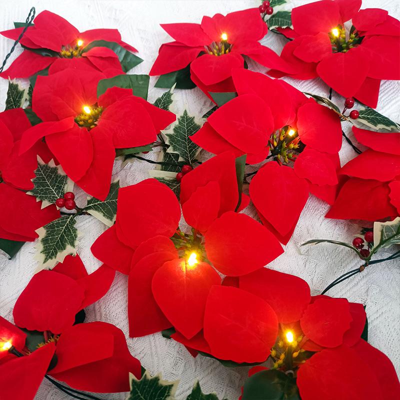 Artificial Poinsettia Garland Christmas Ornaments Flower String Light Holly Berry Green Leaf Vine for Xmas Tree Table Decoration
