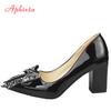 Aphixta Elegant Square Heels Patent Leather Official Pumps Women Bling Sequins Butterfly-knot Pointed Toe Dress Shoes Woman