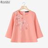 Women Casual Round Neck 3/4 Sleeve Loose Embroidery Blouse