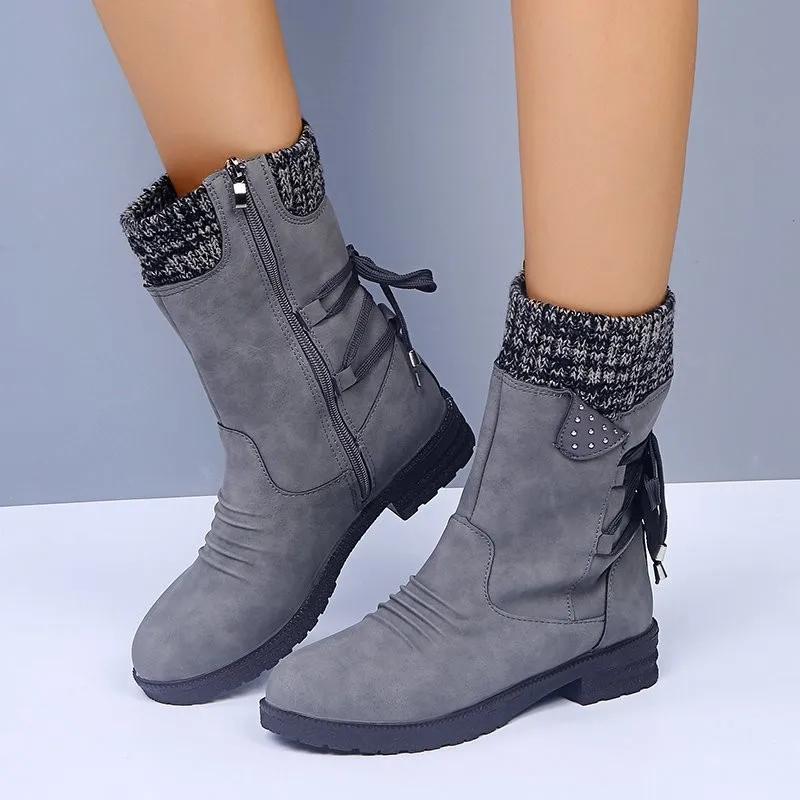 Fashion Women Retro Warm Woolen Boots Winter Fashion Lace Up Platform Causal Cotten Shoes Fluffy Plush Suede Anti-cold Short Snow Boots