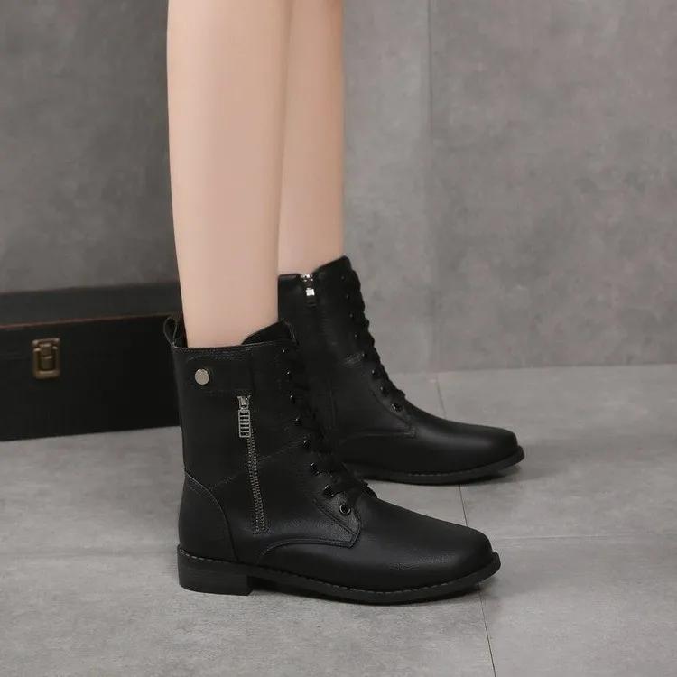 Female Shoes On Sale 2024 Lace Up Women Boots Winter Pointed Toe Solid Short Barrel Chunky Heel Fashion Boots Zapatos De Mujer