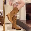 New Popular Hollow Embroidered Vintage Western Boots Women Autumn Chunky Heels Knee High Cowboy Boots Woman Leather Knight Boots