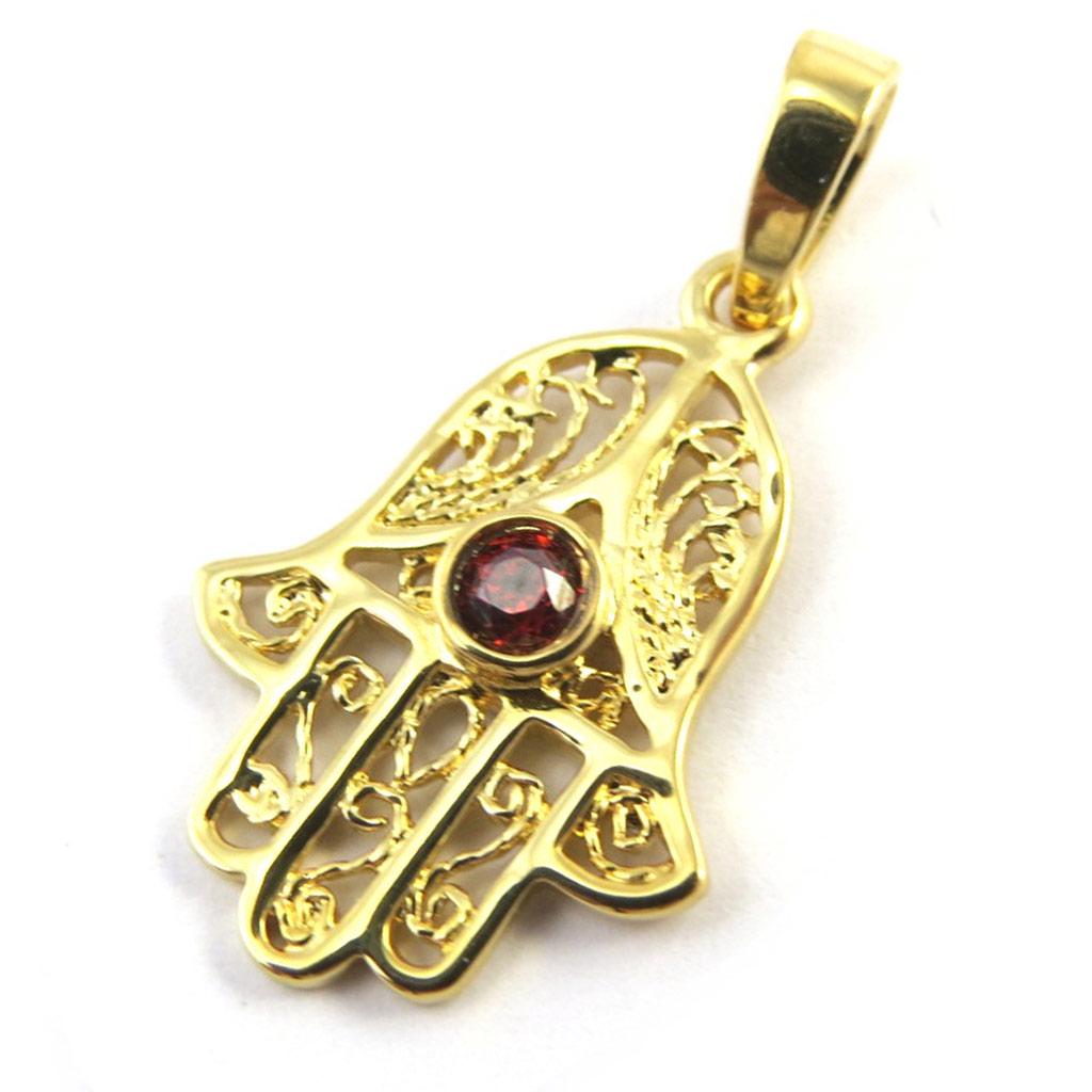Les Trésors De Lily [M7028] - Garnet 'Hand of Fatma' Gold Plated Pendant