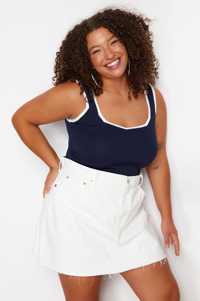 Women's Style Plus Size Navy Blue Bodycon Knitwear Blouse