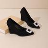 Fashion Shallow Wedge Single Fall New Pointed Toe Rhinestone Square Buckle Slip Foot Anti-Slide Heel Low Top Shoes