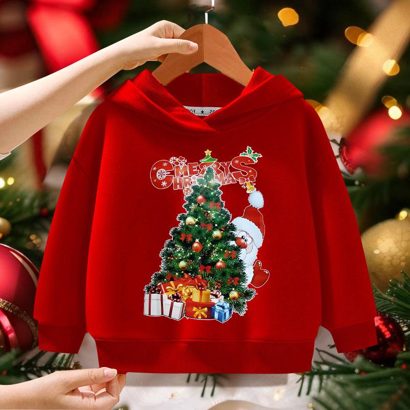 Children's Red Santa Claus Pattern Printed Hoodie for Girls Comfortable Outdoor Autumn/Winter Fashion Long Sleeve Hoodie