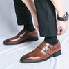 Classic Leather Shoes for Men Slip On Pointed Toe Oxfords Double Tower Buckle Social Office Business Casual Dress Shoes for Male