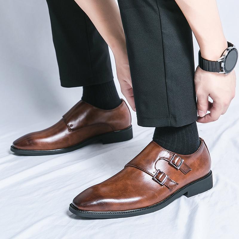 Fashion Classic Leather Shoes for Men Slip On Pointed Toe Oxfords Double Tower Buckle Social Office Business Casual Dress Shoes for Male