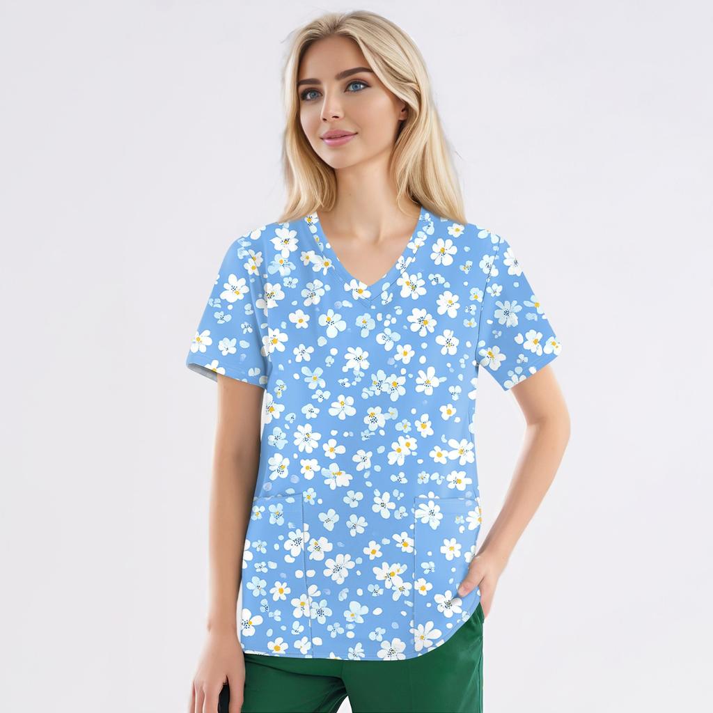 Plus Size Printed Scrub Working Uniform Tops For Women's V-Neck Short Sleeve Fun T-Shirts Workwear Tee With Pockets