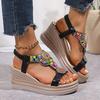 Fashion Summer 2025 Fashion Ethnic Style Comfortable Casual Sandals Women's Bohemian Beaded Open Toed Wedges Beach Cool Flip Flops Pumps