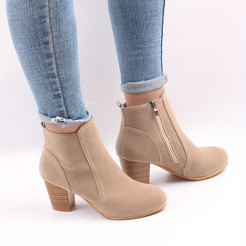 Women's Round Toe Side Zipper High Block Heel Ankle Boots - Beige Cover-Like Fabric Upper, Dressy Ankle Boots | Stylish Ankle Boots