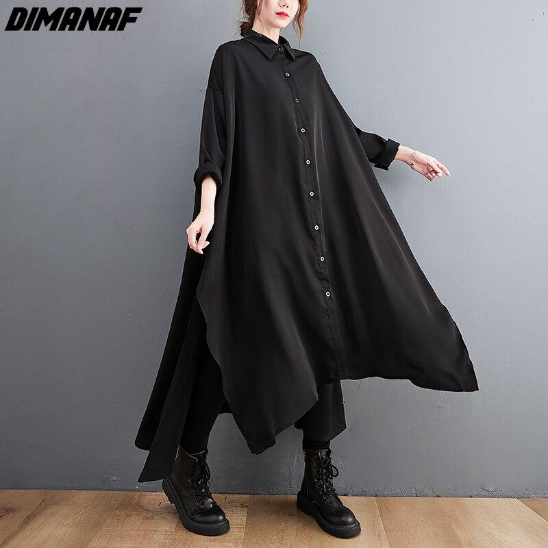 Dimanaf Autumn Dress Women Clothing Shirt Dress Oversize Cotton Elegant Lady Casual Loose Long Sleeve Vintage Cardigan Black