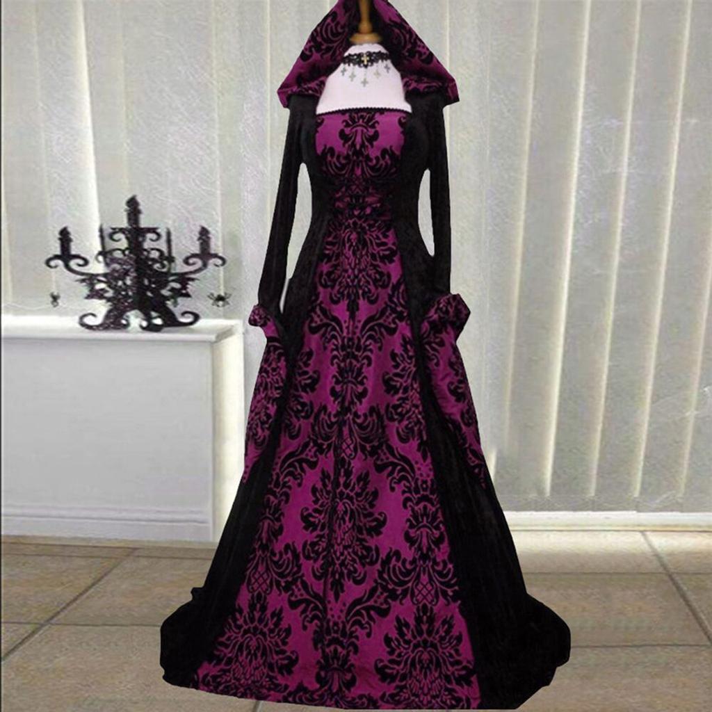 Women Vintage Retro Gothic Long Sleeve Hooded Dress Long Gown Dresses