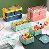 Lunch Box Compartment Design Easy Carrying Double Layer Microwave Safe Japanese Style Students Bento Box with Fork Spoon Daily Use
