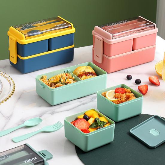 Lunch Box Compartment Design Easy Carrying Double Layer Microwave Safe Japanese Style Students Bento Box with Fork Spoon Daily Use