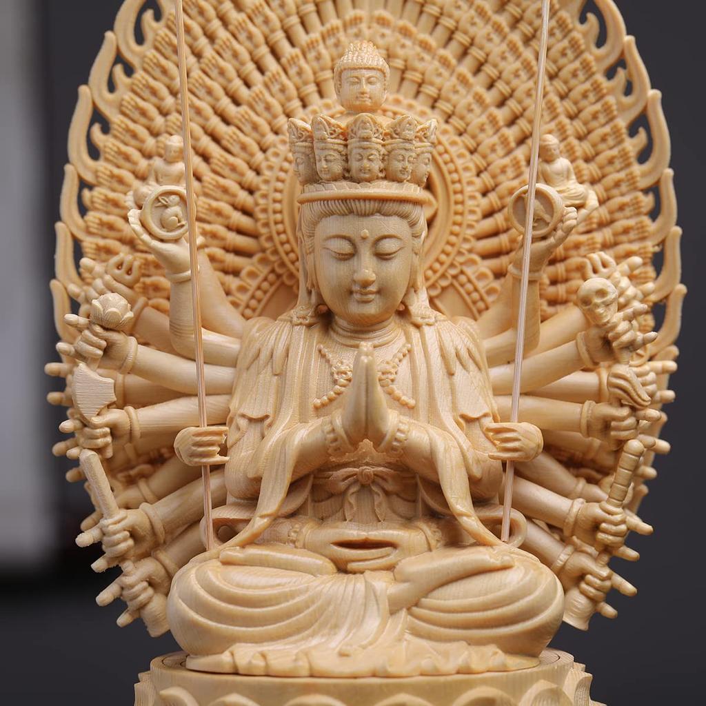 TheChanger Hanro Art Sculpture Buddha Statue Senju Kannon Buddhist Altar Buddha Statue Wooden Cypress Wood Carving Ornament Exclusive Senju Halo