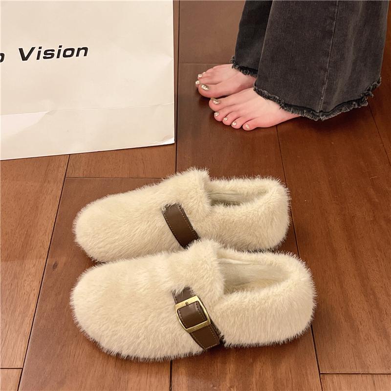 Fashion Faux Fur Women Casual Female Sneakers White Leather Shoes Slip-on Loafers Fur Soft Moccasin Slip On New Winter Soft Ballet Flats