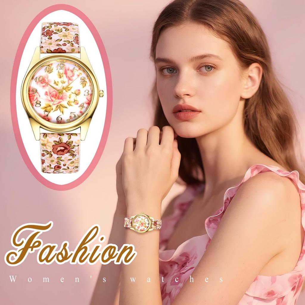 Bohemian Floral Watch with PU Leather Floral and Petal Analog Quartz Watch with Adjustable Arabic and Stylish Perfect Gift for and Christmas Women's
