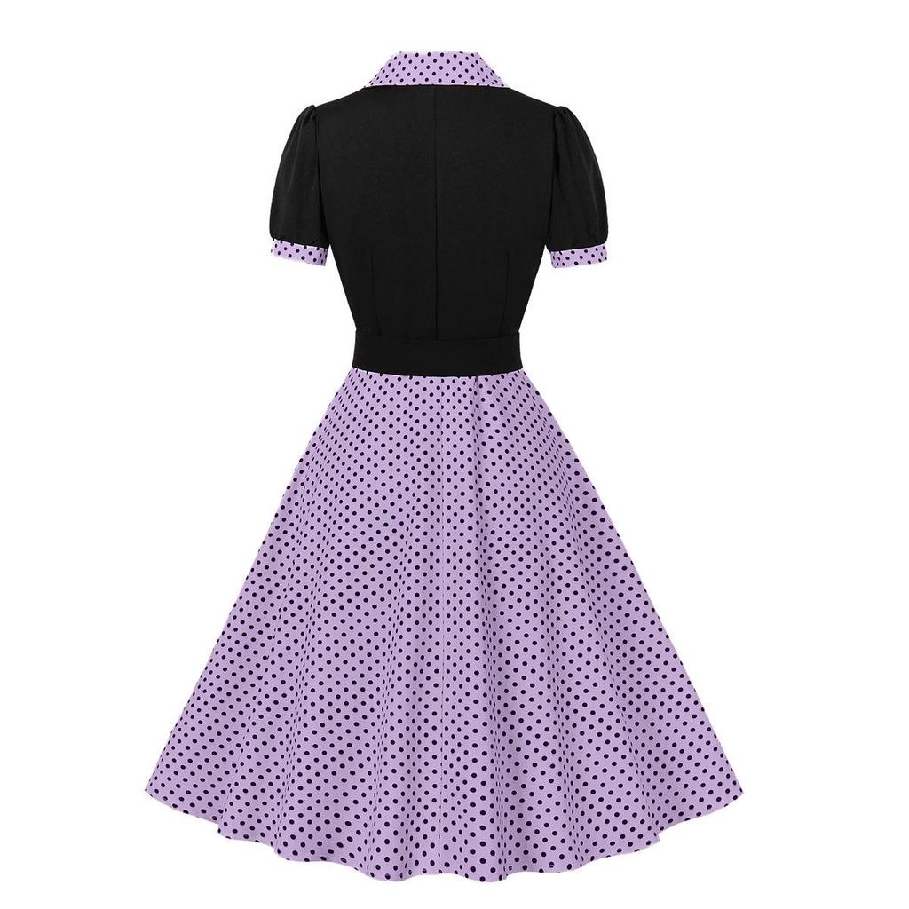 Women's Polka Dot Swing Dresses Lapel Buttons High Waist Belt Slim Fit Short Sleeves Summer Dress Office Work Casual Wear Vintage Outfit
