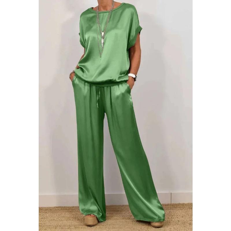 JKASHDK Women's Fashion Casual Summer Spring Solid Color Print Short Sleeve O-Neck Trousers Pants Suits