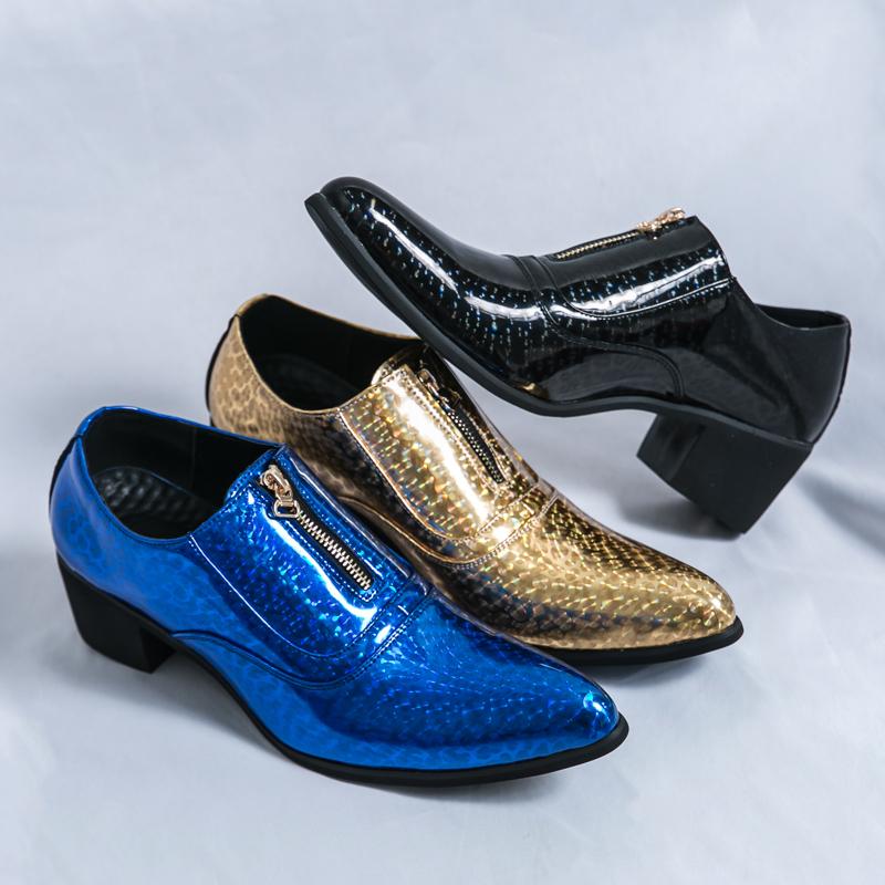 Leather Shoes For Men High-heeled Society Spike Leather Shoes Man British Style Business Platform Formal Zipper Leather Shoes