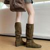 Sheepskin Version of Autumn and Winter New Models with an Inner Height Increase of 5cm~ Korean Fashionable Buckle Design Stacked Medium Boots, Thin B