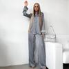 Women Long Shirt&pants 2Pcs Pajamas Luxury Grey Loungewear Sleep Set Silk Satin Home Clothes Feathers Sleeve Pyjamas Nightwear