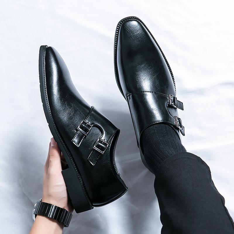 Fashion Classic Leather Shoes for Men Slip On Pointed Toe Oxfords Double Tower Buckle Social Office Business Casual Dress Shoes for Male