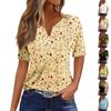 Women's Casual Printed V-neck Short Sleeved Decorative Button T-shirt Top