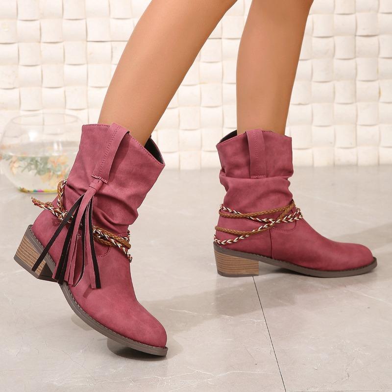 AJGS Women's Fashion New Pleated Tassel Mid-calf Boots Women's Pointed Toe Thick Heel New Short Boots Slip-on Fashion Boots