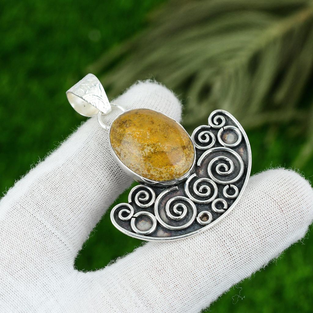 Natural Ocean Jasper Gemstone Pendant Yellow 925 Sterling Silver Indian Jewelry