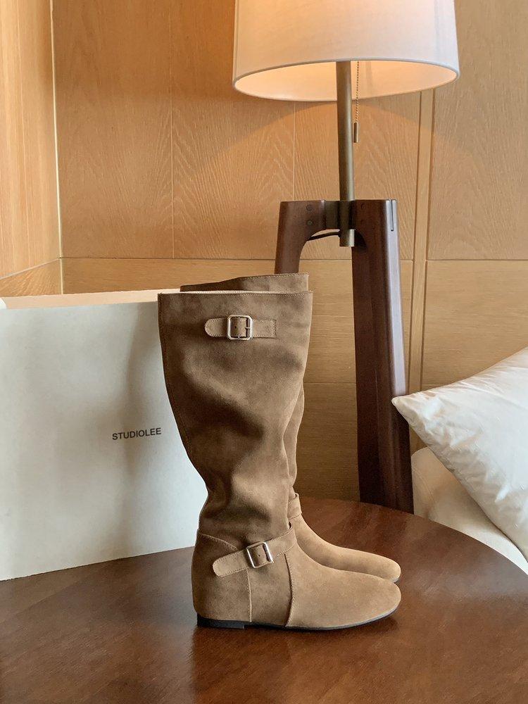 Soft Leather Version~ Soft Leather Inner Height Increase 4cm Pile Medium Boots Women's Autumn and Winter New Maillard Boots High Boots