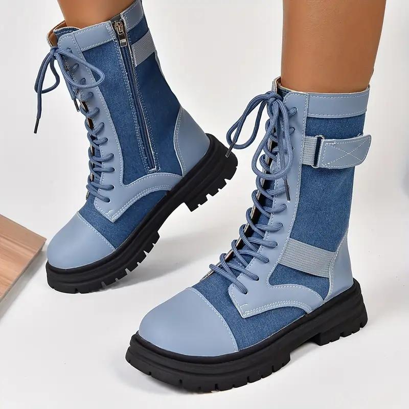 Fashion Aphixta Retro Lace Up Women Boots Side Zip Modern Boots Women Boots Blue 4CM Square Heel Lady Footwear Shoes Botas Mujer Botines