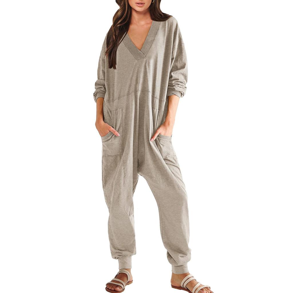 Women's Fashion Loose Casual Long Sleeve V-Neck Solid Colour Pocket Jumpsuit