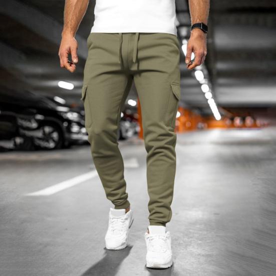 Men Winter Sweatpants Drawstring Waist Fleece-Lined Jogger Pants with Multiple Pockets Solid Color Thick Cargo Pants for Work Street Wear