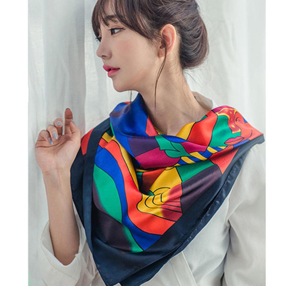 Red Picasso Paint Scarf Women's Head Print Square Fashion Satin Shawl Silk Kerchief Neckerchief