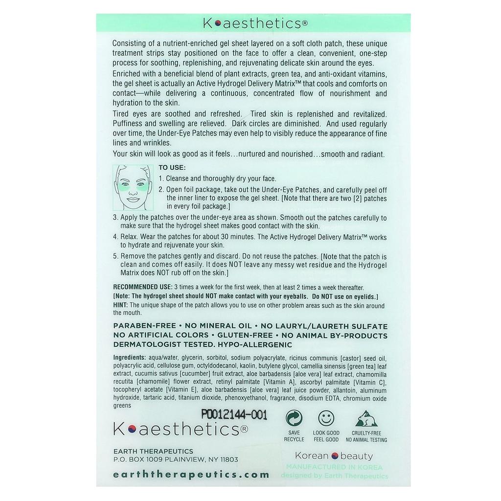 Earth Therapeutics Green Tea Hydrogel Undereye Patches, 5 Pairs