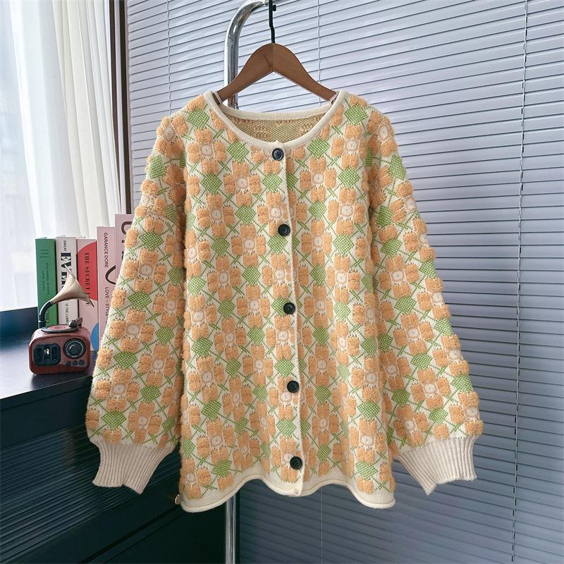 Sweet Flower Color Collision Loose Sweater Jacket Women's Autumn and Winter Retro Literary Knitted Cardigan