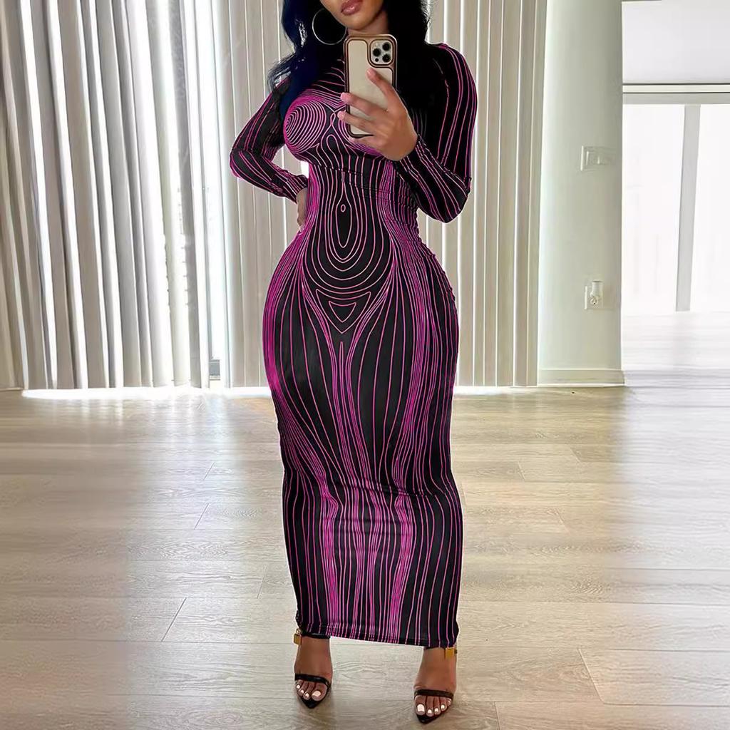 Autumn Women's Long Sleeve Round Neck Fashion Print Slim Hip Bottom Dresses