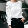 Womens Summer Fashion Round Neck Puff Long Sleeve Blouse
