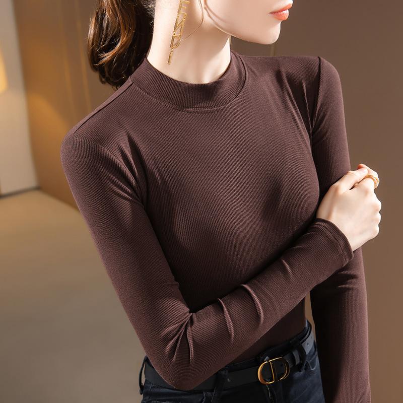 Threaded Base Shirt for Women New Women's Clothing, Front Shoulders, Stand-up Collar, Long-sleeved T-shirt, Autumn and Winter Inner Top