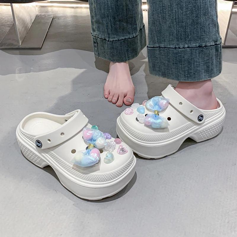 Fashion Colorful Bowknot Chunky Platform Garden Shoes Women Hollow Out Thick Bottom Clogs Sandals Woman Non Slip Summer Beach Slippers
