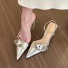 Fashion Metal Buckle High Heels Sandals Women Summer Silver Shallow Mouth Party Shoes Woman Korean Style Pointed Toe Thin Heels Sandals