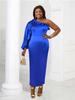 Blue Satin Sheath Dresses for Women One Shoulder Ruffles Long Sleeves Bodycon Celebrate Birthday Cocktail Event Party Long Outfits