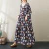 Round Neck Blue Small Flower Long Sleeve Loose Skinny Big Swing A-line Dress